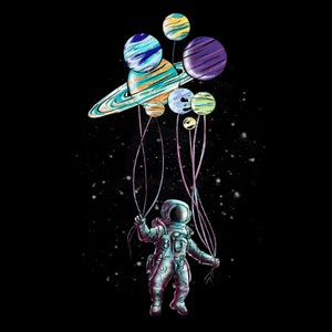 Peut inclure: Illustration d'un astronaute tenant des ballons en forme de plan&egrave;tes sur fond noir &eacute;toil&eacute;. Les plan&egrave;tes sont de couleurs vari&eacute;es, dont le bleu, le violet et le jaune, avec le mot "Hungry" r&eacute;p&eacute;t&eacute; sur la plan&egrave;te en forme de Saturne.