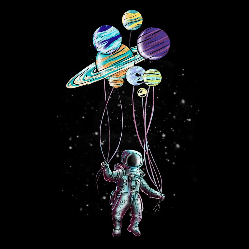Peut inclure: Illustration d'un astronaute tenant des ballons en forme de plan&egrave;tes sur fond noir &eacute;toil&eacute;. Les plan&egrave;tes sont de couleurs vari&eacute;es, dont le bleu, le violet et le jaune, avec le mot "Hungry" r&eacute;p&eacute;t&eacute; sur la plan&egrave;te en forme de Saturne.