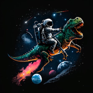Op de afbeelding: Een astronaut in een ruimtepak rijdt op een groene dinosaurus door de ruimte. De dinosaurus heeft een wijd open bek en is omringd door planeten, sterren en een kleurrijk spoor. De achtergrond is een donkere, sterrenhemel.