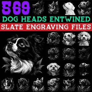 Può includere: Immagine digitale con illustrazioni di teste di cani in bianco e nero. Il testo recita "569 DOG HEADS ENTWINED SLATE ENGRAVING FILES". L'immagine presenta una varietà di razze canine, adatta per l'incisione su ardesia.