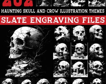 May include: A collection of haunting skull and crow illustrations in black and white. The image features multiple skull designs with cracked textures and crow imagery, along with the text "202 HAUNTING SKULL AND CROW ILLUSTRATION THEMES SLATE ENGRAVING FILES."