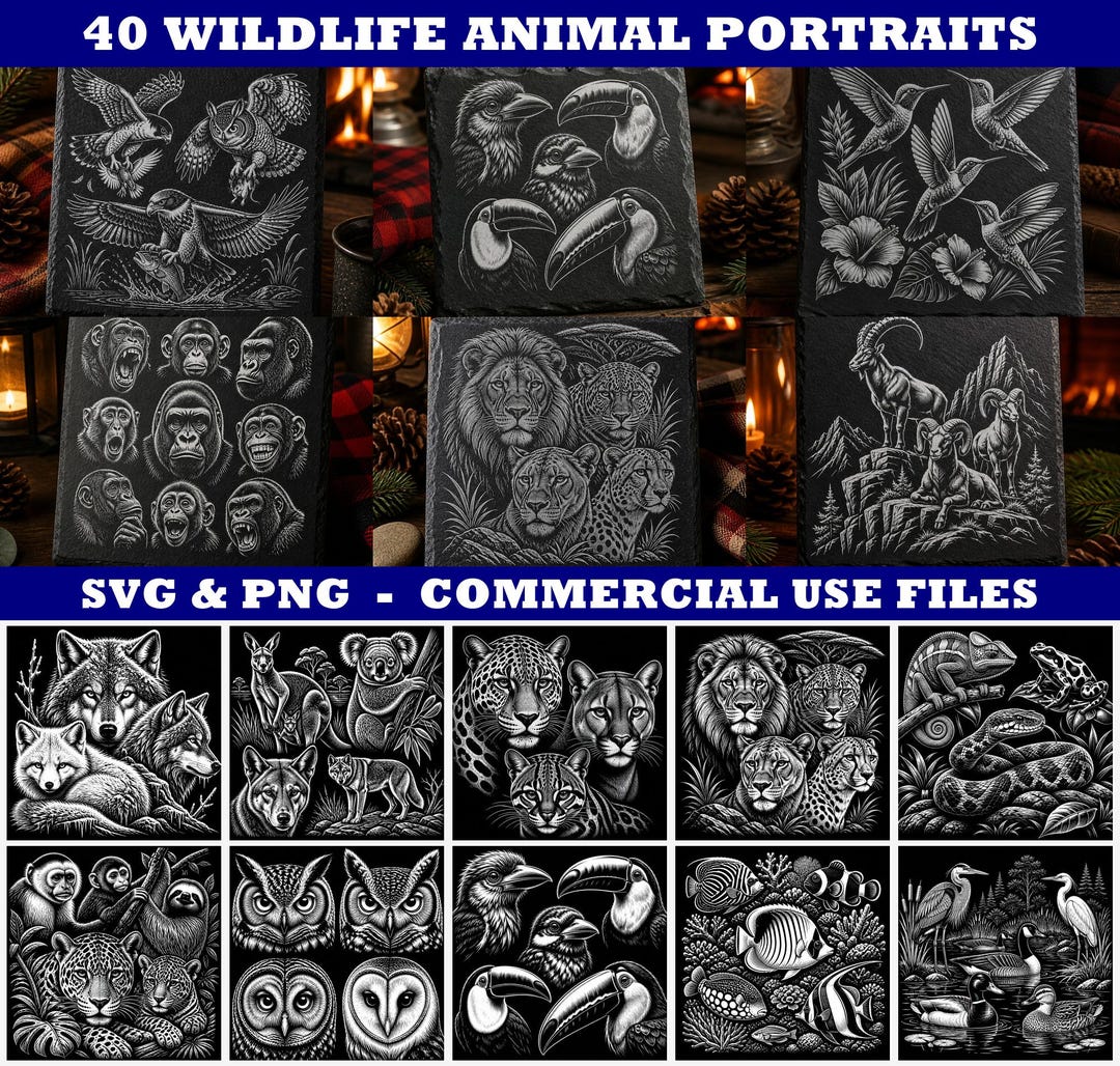 Laser Engrave Files Detailed Wildlife Animal Portraits Png & Jpeg Slate ...