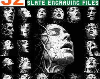 May include: A collection of 52 black and white horror-themed slate engraving files. The images feature detailed portraits of faces with cracked skin and tree-like veins, evoking a sense of dread. The text at the top reads "HAUNTING VISAGE HORROR SLATE ENGRAVING FILES".