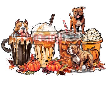 Autumn fall drinks PNG sublimation design for American Bully or Pitbull theme instant download