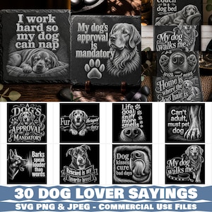 Może przedstawiać: Kolekcja kwadratowych tabliczek w stylu łupkowym z różnymi ilustracjami o tematyce psów oraz napisami takimi jak I work hard so my dog can nap, My dog's approval is mandatory, Fur therapist on duty i Dog kisses cure bad days w kolorze białym.