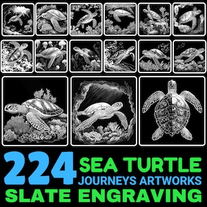 May include: A collection of 224 black and white engraved slate artworks featuring sea turtles. The artwork is titled "Journeys Artworks Slate Engraving".