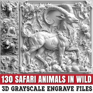 Fichiers de gravure d'illusion 3D Sculptures d'animaux SAFARI dans des scènes de nature sauvage pour la sculpture CNC, relief laser, art de la gravure de carte de profondeur en niveaux de gris