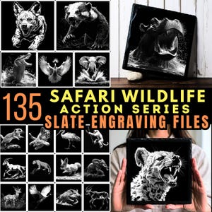 Slate engraving files safari wildlife action series bundle coaster files | wild animal silhouettes | instant download | commercial use