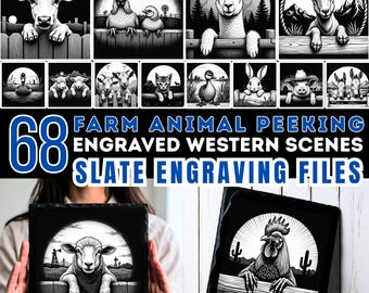 Slate engraving files Farm Animal Peeking Engraved Western Scenes bundle coaster designs for rustic home decor instant download commercial