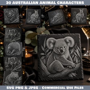 Op de afbeelding: Een collectie van 30 Australische dierkarakterillustraties met een koala, kangoeroe, vogelbekdier, wombat en mierenegel. Elk vierkant ontwerp is weergegeven in een gedetailleerde witte lijnstijl op een donkergrijze achtergrond met leisteentextuur.