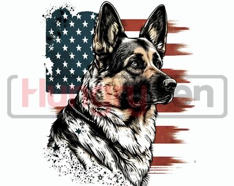 German Shepherd PNG sublimation design - Dog in vintage american flag distresed shirt, mugs sublimation and more instant digital downloads