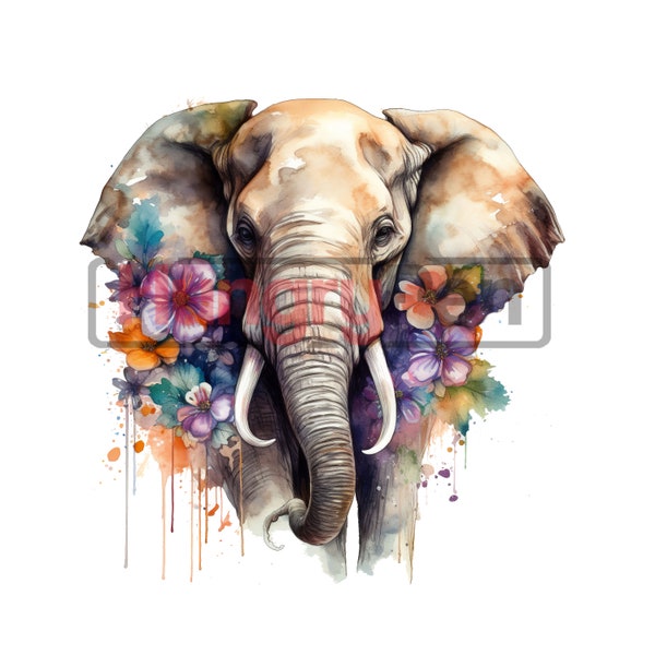 Elephant PNG printable high quality sublimation design- mixed with floral watercolor style instant digital downloads