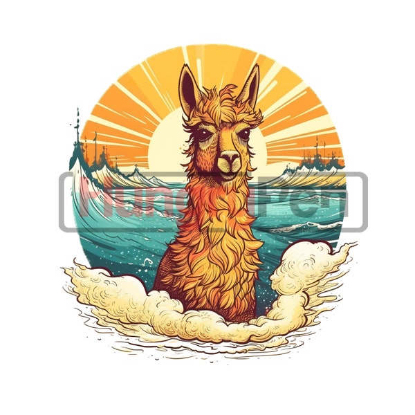 Llama PNG printable high quality sublimation design- surfing mixed with hawaiian retro sunset instant digital downloads