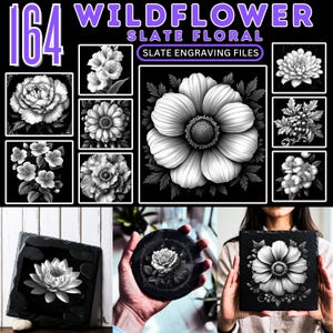 Op de afbeelding: Een set van 164 digitale bestanden voor graveerwerk op leisteen met verschillende zwart-witte bloemmotieven. De ontwerpen omvatten een verscheidenheid aan bloemen, zoals rozen, lelies en madeliefjes. De bestanden zijn perfect voor het maken van op maat gemaakte gegraveerde leisteenonderzetters, borden en andere decoratieve artikelen voor thuis.