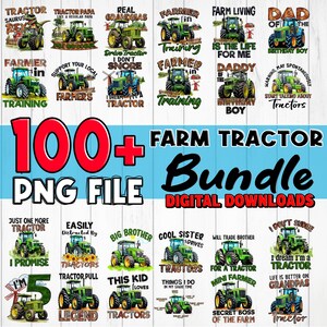 Könnte beinhalten: Ein digitales Download-Paket mit über 100 PNG-Dateien zum Thema Traktoren. Die Bilder zeigen grüne Traktoren mit verschiedenen Sprüchen und Designs, wie z. B. "Ich träume davon, ein Traktor zu sein", "Nur noch ein Traktor" und "Geheimer Chef der Farm".