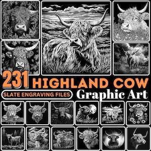 Archivos de grabado en pizarra, paquete de arte gráfico de vacas de las Tierras Altas / archivos de posavasos de animales de granja rústicos / descarga instantánea / licencia de uso comercial