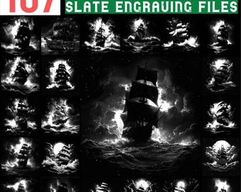 Op de afbeelding: Een verzameling van 167 zwart-wit illustraties van piratenschepen in stormachtige zeeën. De afbeeldingen tonen zeilschepen die vechten tegen golven en donkere luchten, met de tekst "MAJESTIC PIRATE SHIPS IN STORMY SEAS SLATE ENGRAVING FILES" bovenaan.