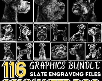 Archivos de grabado de pizarra, paquete gráfico de perro Schnauzer, archivos PNG de grabado láser, CNC, Lightburn, descargas para uso comercial