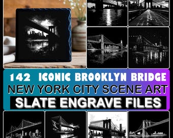 Pode incluir: Uma coleção de imagens em preto e branco da Ponte do Brooklyn. As imagens são exibidas em uma variedade de produtos de ardósia. O texto na imagem diz: "142 Iconic Brooklyn Bridge New York City Scene Art Slate Engrave Files."