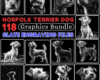May include: A set of 118 black and white digital graphics of Norfolk Terrier dogs in various poses. The graphics are suitable for slate engraving projects. The text "Norfolk Terrier Dog 118 Graphics Bundle Slate Engraving Files" is displayed at the top of the image.