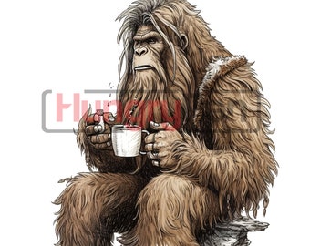 Bigfoot PNG printable high quality sublimation design- sitting sipping coffee instant digital downloads