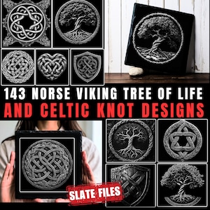 May include: A collection of Norse Viking Tree of Life and Celtic Knot designs in black and white. The image features various circular and shield-shaped designs, including a tree and intricate knot patterns. The text "143 Norse Viking Tree of Life and Celtic Knot Designs" is displayed.