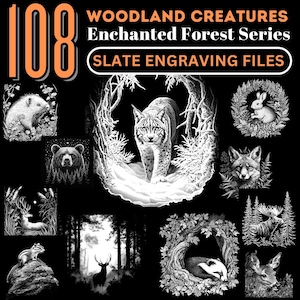 Leisteengraveerbestanden Woodland Creatures - Enchanted, laserklaar PNG-gravurebestanden, CNC, Lightburn, downloads voor commercieel gebruik