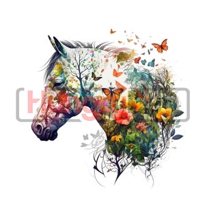Horse PNG sublimation design - horse mixed with colorful garden graphic theme shirt, mugs sublimation and more instant digital downloads