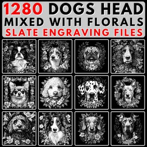 Può includere: Una collezione di 1280 file di incisione digitale in bianco e nero che presentano teste di cani con accenti floreali. I file sono adatti per l'uso con l'incisione su ardesia.