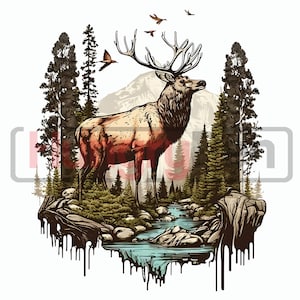 Elk PNG Sublimation Design – Nature Landscape Scene with River | Elk Hunting Shirt PNG for Sublimation Mugs & Apparel | Instant Download