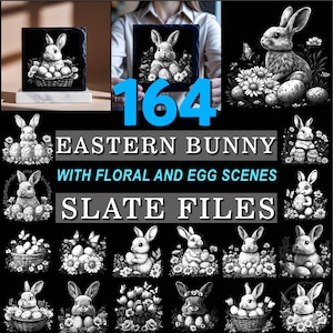 May include: Black and white illustrations of Easter bunnies with floral and egg scenes. The image includes the text "164 EASTERN BUNNY WITH FLORAL AND EGG SCENES SLATE FILES". The bunnies are depicted in various poses, some with baskets of eggs.