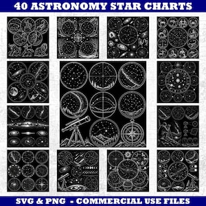 May include: A collection of 40 astronomy star charts featuring white line art on black backgrounds. The graphics include constellations, zodiac signs, galaxies, planets, telescopes, and compasses. The text 40 ASTRONOMY STAR CHARTS and SVG & PNG - COMMERCIAL USE FILES is visible.