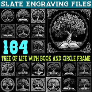 May include: Black and white digital art featuring multiple tree of life designs with open books and circular frames. The text reads "SLATE ENGRAVING FILES" and "164 TREE OF LIFE WITH BOOK AND CIRCLE FRAME."