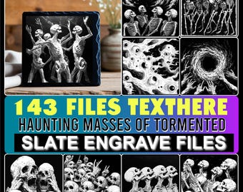 May include: A collection of black and white illustrations featuring skeletons and abstract, haunting imagery. The image includes a slate engraving with a skeleton design and the text "143 FILES TEXTHERE HAUNTING MASSES OF TORMENTED SLATE ENGRAVE FILES."