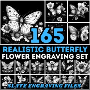 Puede incluir: Un conjunto de 165 archivos de grabado digital en blanco y negro con mariposas y flores realistas. Los archivos son perfectos para crear grabados personalizados en pizarra.