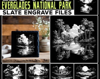 May include: A collection of Everglades National Park slate engrave files. The image features a square slate with a black and white Everglades scene, and several other Everglades scenes. The text at the top reads "128 FILES EVERGLADES NATIONAL PARK SLATE ENGRAVE FILES."