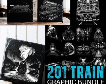 May include: A set of 201 train graphic files for slate engraving. The images feature various steam locomotives in black and white, including a close-up of a train engine with smoke, a train engine with a headlight, and a train engine with wheels.