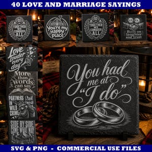 May include: A collection of square black slate coasters featuring white engraved love and marriage sayings, including phrases like You had me at I do, Together we conquer all, and You're my happy place, with graphic illustrations of rings, raccoons, and hearts.