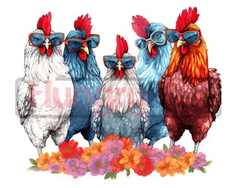 Chicken PNG sublimation design printable - a cute chickens with sunglasses graphic theme sublimation designs downloads for shirts