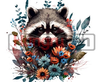 Raccoon PNG sublimation design or Clipart - colorful florals art woodland animals instant digital downloads