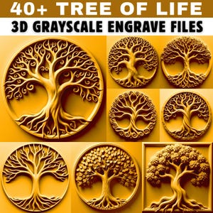 May include: A selection of 3D grayscale engraved files showcasing the Tree of Life design. The images display different circular and square designs in a golden hue, with detailed depictions of the tree's branches and roots. The text at the top reads "40+ TREE OF LIFE" and "3D GRAYSCALE ENGRAVE FILES."