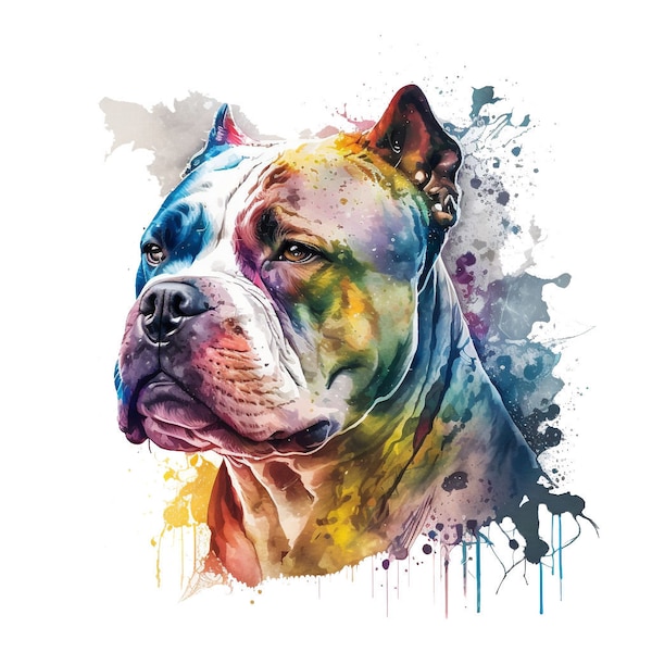 PNG-sublimatieontwerp voor Amerikaans bullebak- of Pitbull-hondenthema - kleurrijke aquarel geschilderde stijl grafische instant digitale downloads