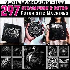 Paquete gráfico de archivos de grabado en pizarra con máquinas Steampunk y retrofuturistas / Arte con engranajes industriales / Archivos de posavasos / Descarga instantánea