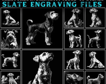 May include: A collection of 12 black and white illustrations of Airedale Terriers in various poses. The illustrations are in a slate engraving style. The title "152 Airedale Terrier Dog Creatures in Dramatic Close-Up Scenes Slate Engraving Files" is at the top of the image.