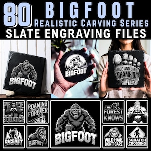 May include: A set of 80 digital files for slate engraving featuring Bigfoot designs. The designs include a variety of Bigfoot illustrations, including a Bigfoot with a heart, a Bigfoot with a footprint, and a Bigfoot with a forest scene. The designs are perfect for creating unique and personalized gifts.