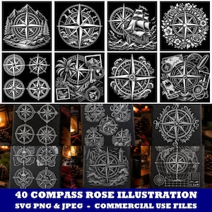 May include: A collection of 40 black and white digital illustrations featuring compass roses, nautical themes, sailing ships, lighthouses, floral wreaths, skulls, and maps. These graphic designs are provided in SVG, PNG, and JPEG file formats.