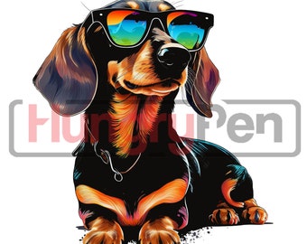 Dachshund PNG Sublimation Retro Dog Wearing Sunglasses Cool Wiener Dog Graphic Design ( Instant Downloads )