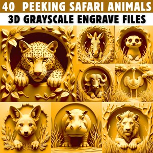 Puede incluir: Imagen dorada que muestra grabados en escala de grises 3D de animales de safari. La imagen presenta un leopardo, una cebra, un suricato, un búfalo, un avestruz, un zorro, un hipopótamo y un león. El texto en la parte superior dice "40 PEEKING SAFARI ANIMALS" y "3D GRAYSCALE ENGRAVE FILES".