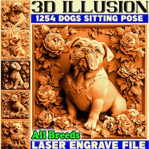 3D Illusion Gravurdateien Hunde SITZENDE POSE 320 Rassen CNC-Lasergravur Tiefe Karte Schnitzkunst | Sofortdownload | Kommerzielle Nutzung