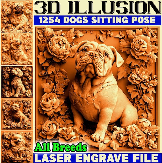 3D Illusion Engraving files Dogs SITTING POSE 320 breeds CNC laser engraving depth-map carving art | instant download | Commercial use